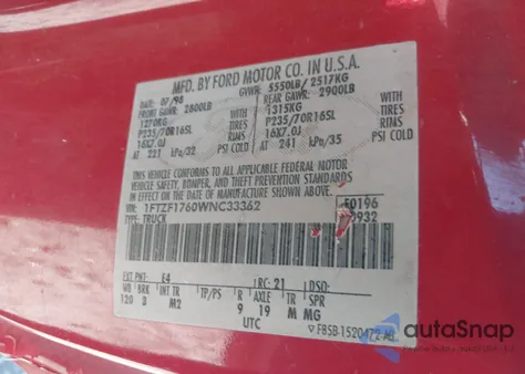 1998 Ford F-150 Lariat/Standard/Xl/Xlt from USA, damaged, VIN 1FTZF1760WNC33362